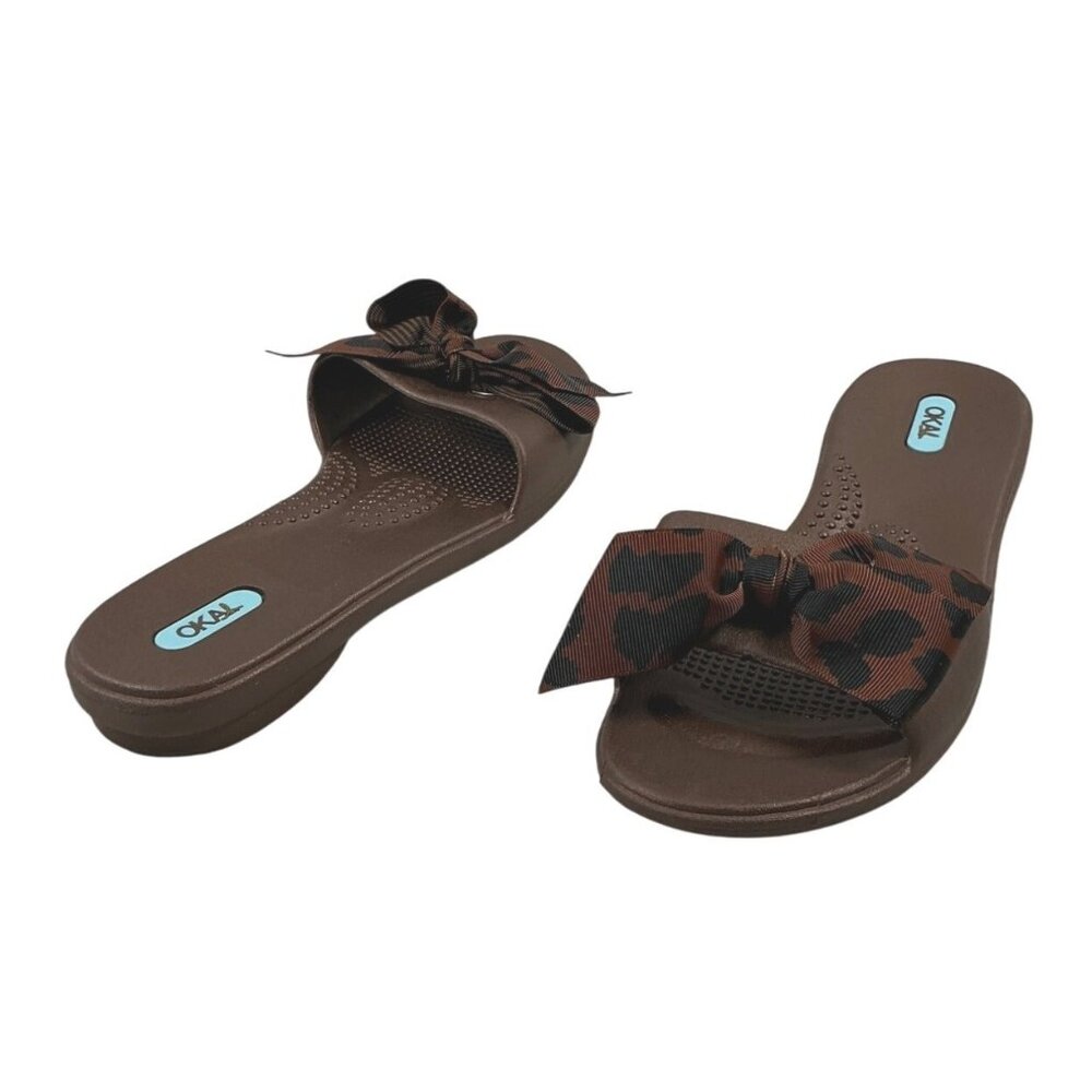 OKA B Leopard Bow Slide Sandals – Brown Slip-On – Size M